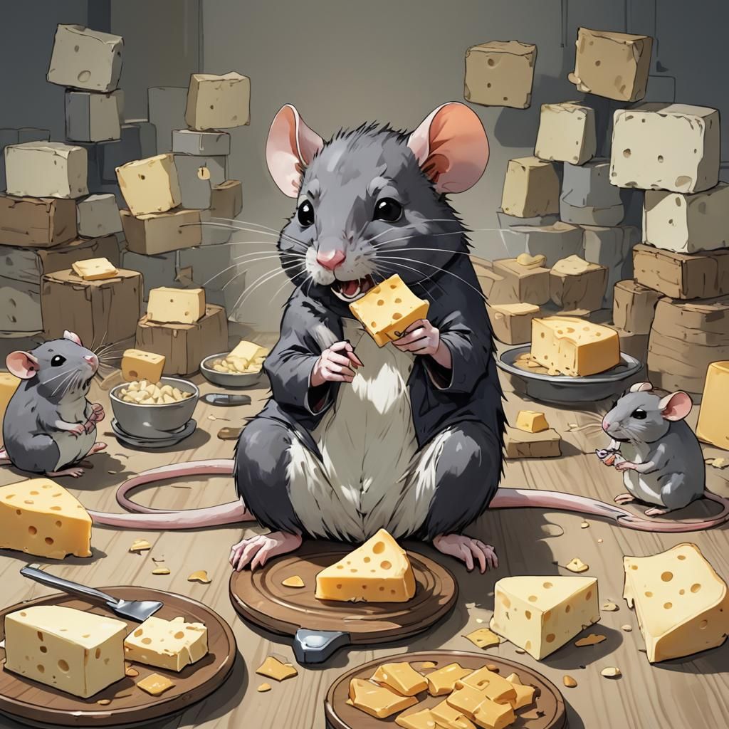 Funny Rat Eating Cheese in Anime Style