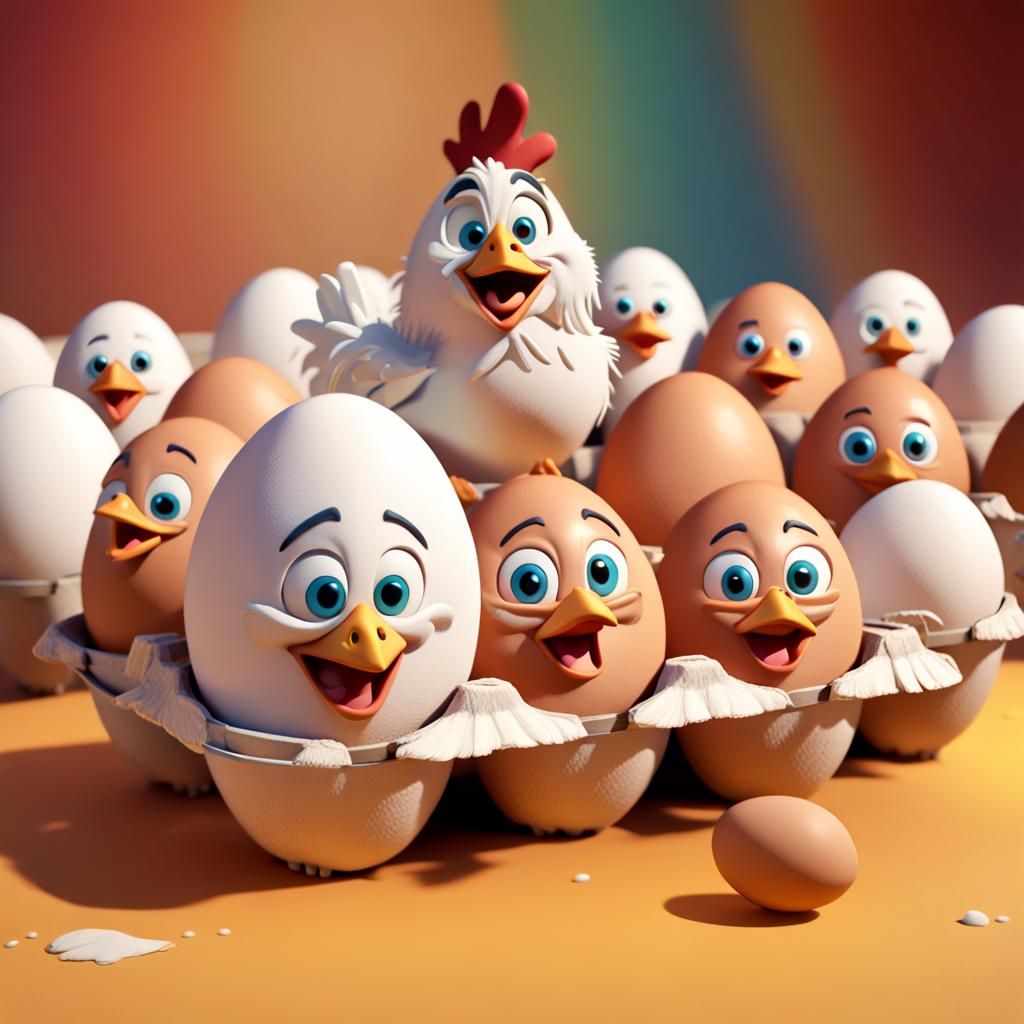 Cartoon Eggs with Faces and Chicken in 3D Style