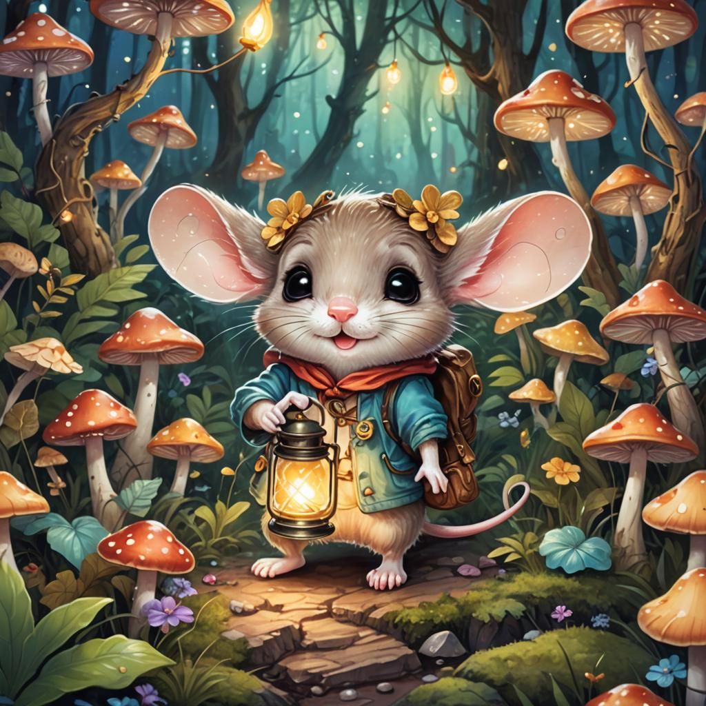 Chibi Mouse Explorer in Magical Forest Illustration