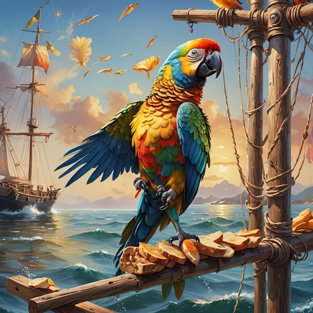 Colorful Parrot Feeding Fish: Vibrant Oil Painting