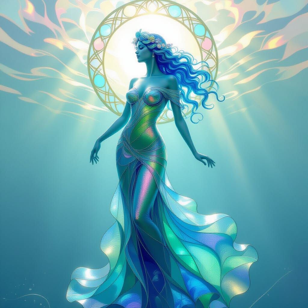 Woman Made of Iridescent Sea Glass in Art Nouveau Style