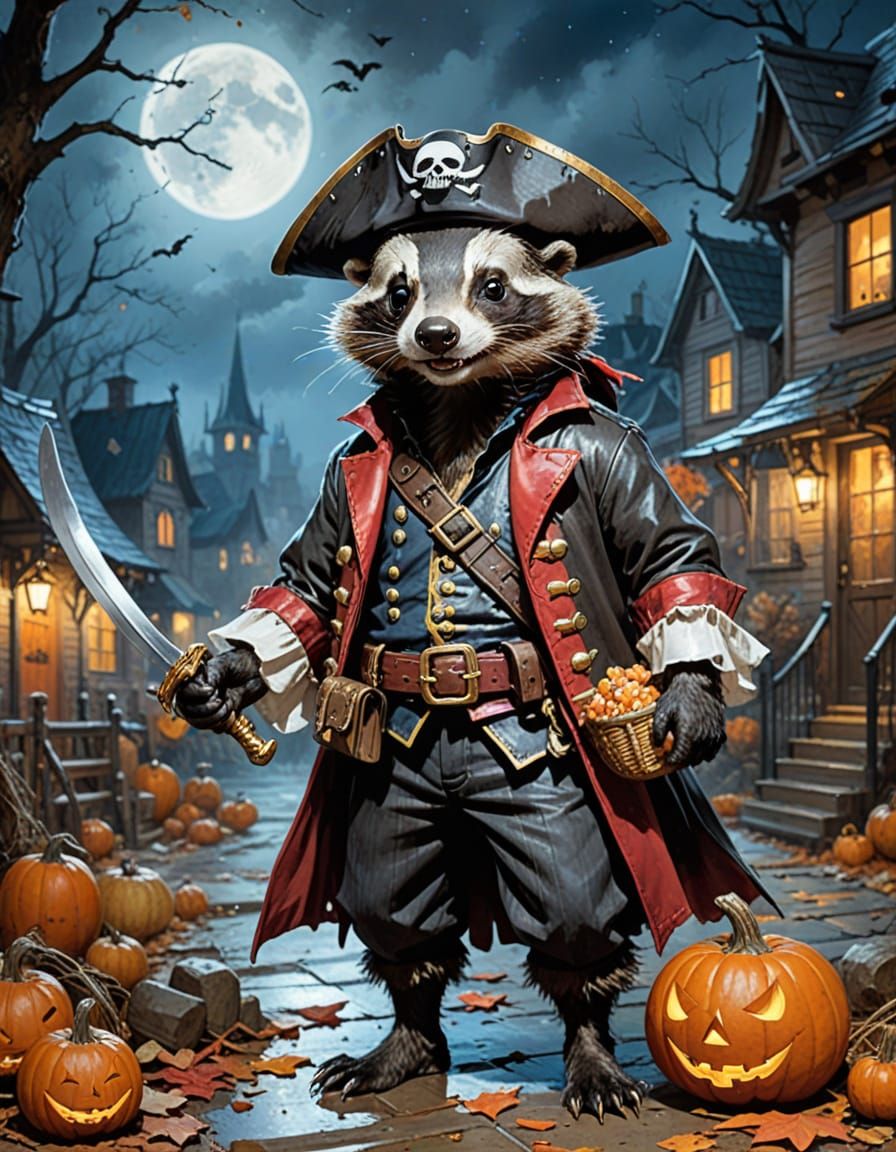 Smiling Pirate Badger Trick-Or-Treating on Halloween Night
