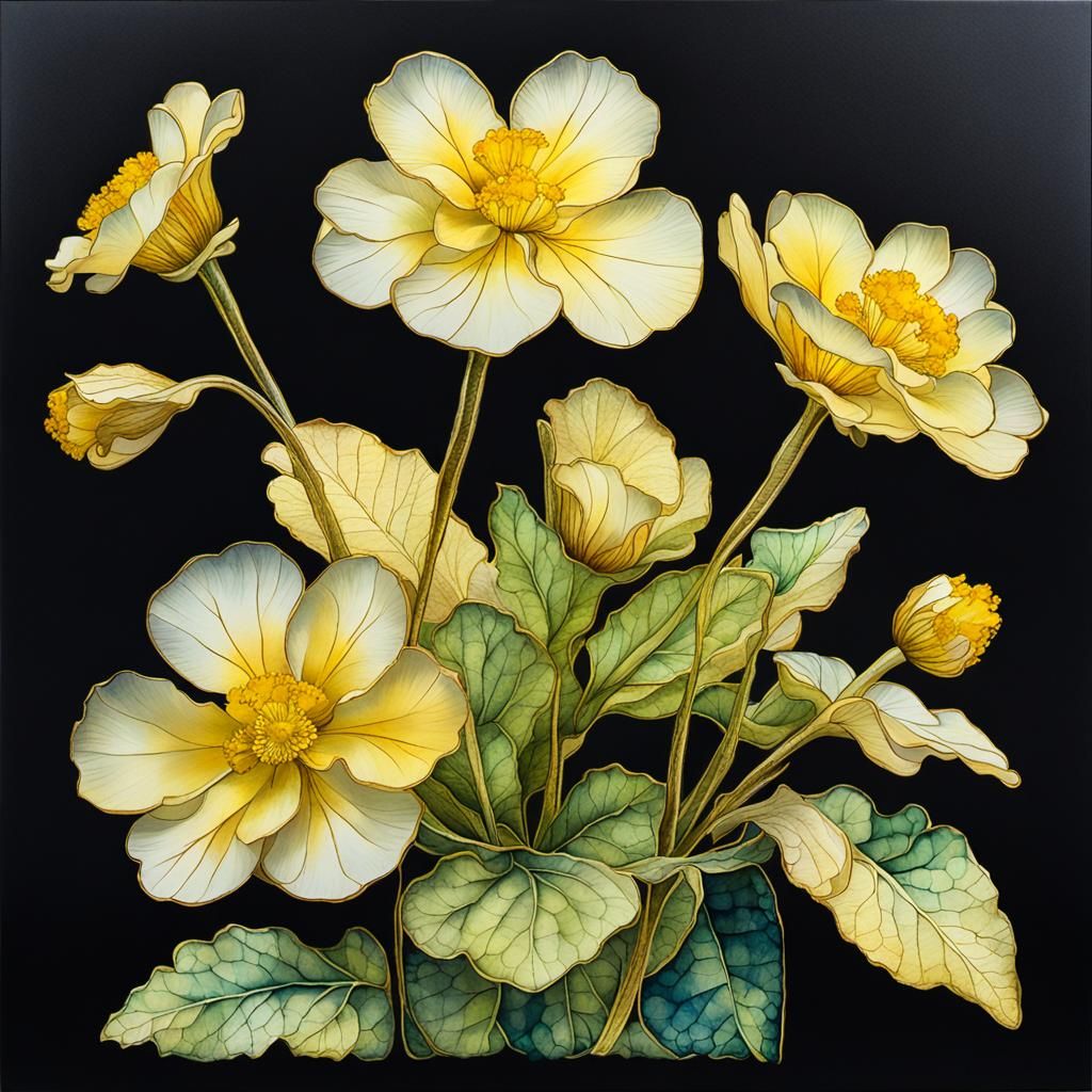 Primrose Arrangement with Alcohol Ink and Gold Etching