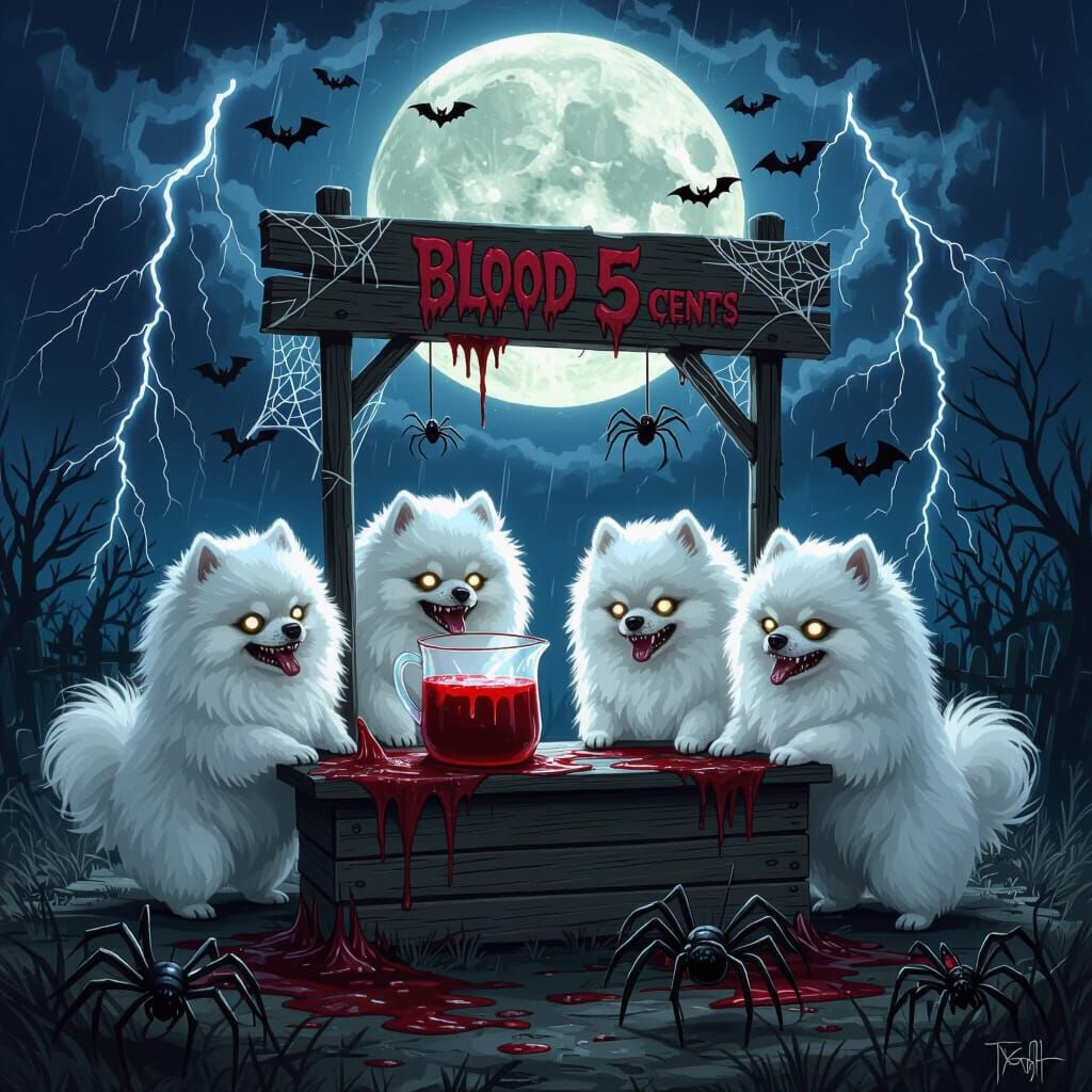 Pomeranian Zombie Lemonade Stand on Spooky Moonlit Night