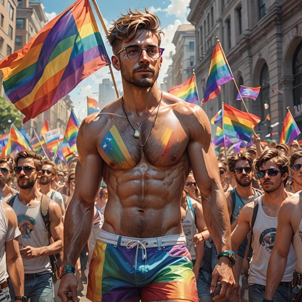 Gay Man at Pride Parade, Hyperdetailed Digital Art