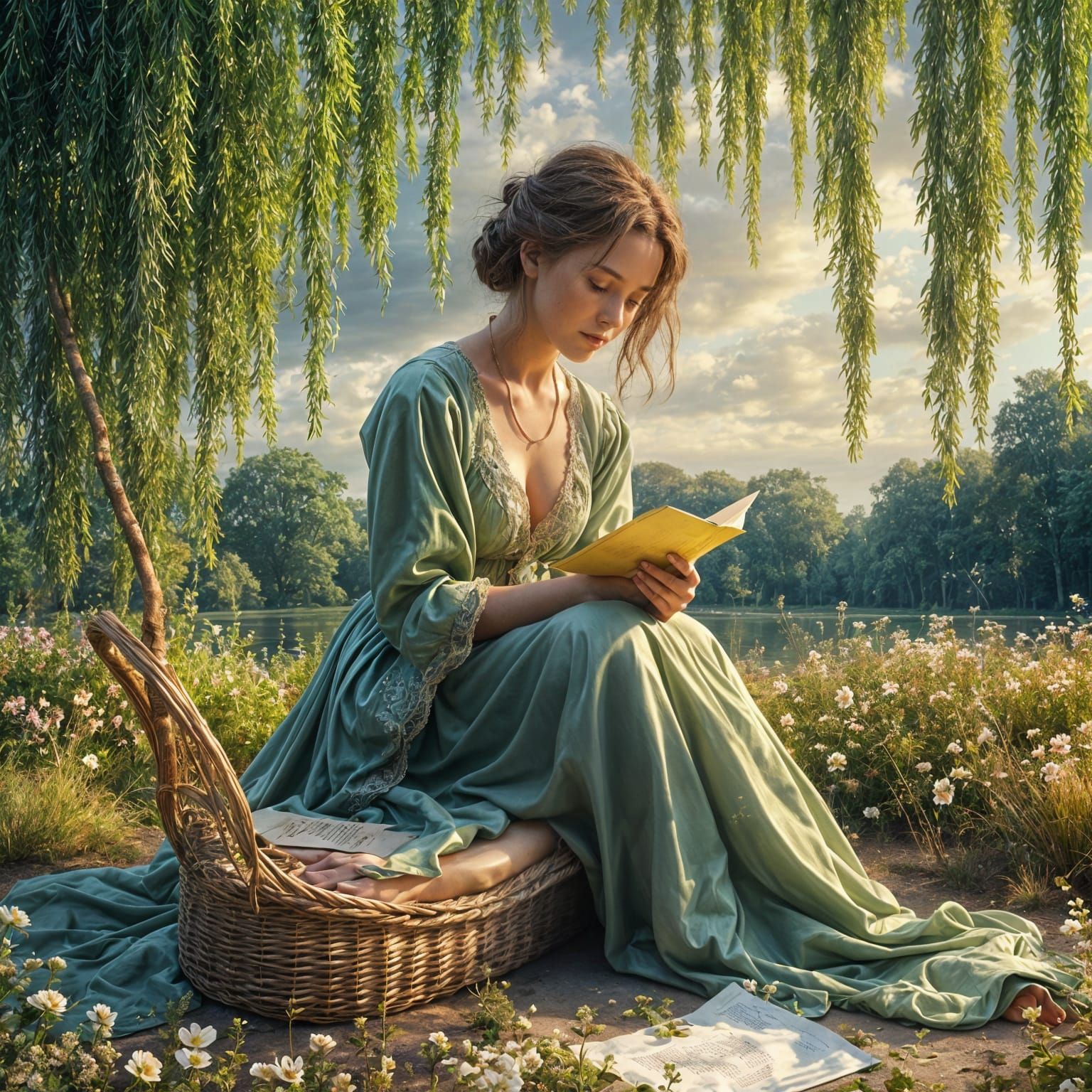 Woman in Elegant Gown, Writing in a Garden Under a Weeping W...