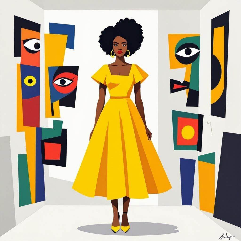 Cubist Woman in White Room with Cartoon Style