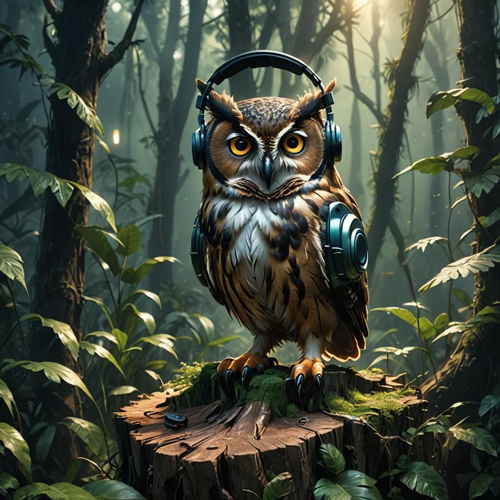 Owl with Headphones in Jungle: Hyper-realistic Digital Art