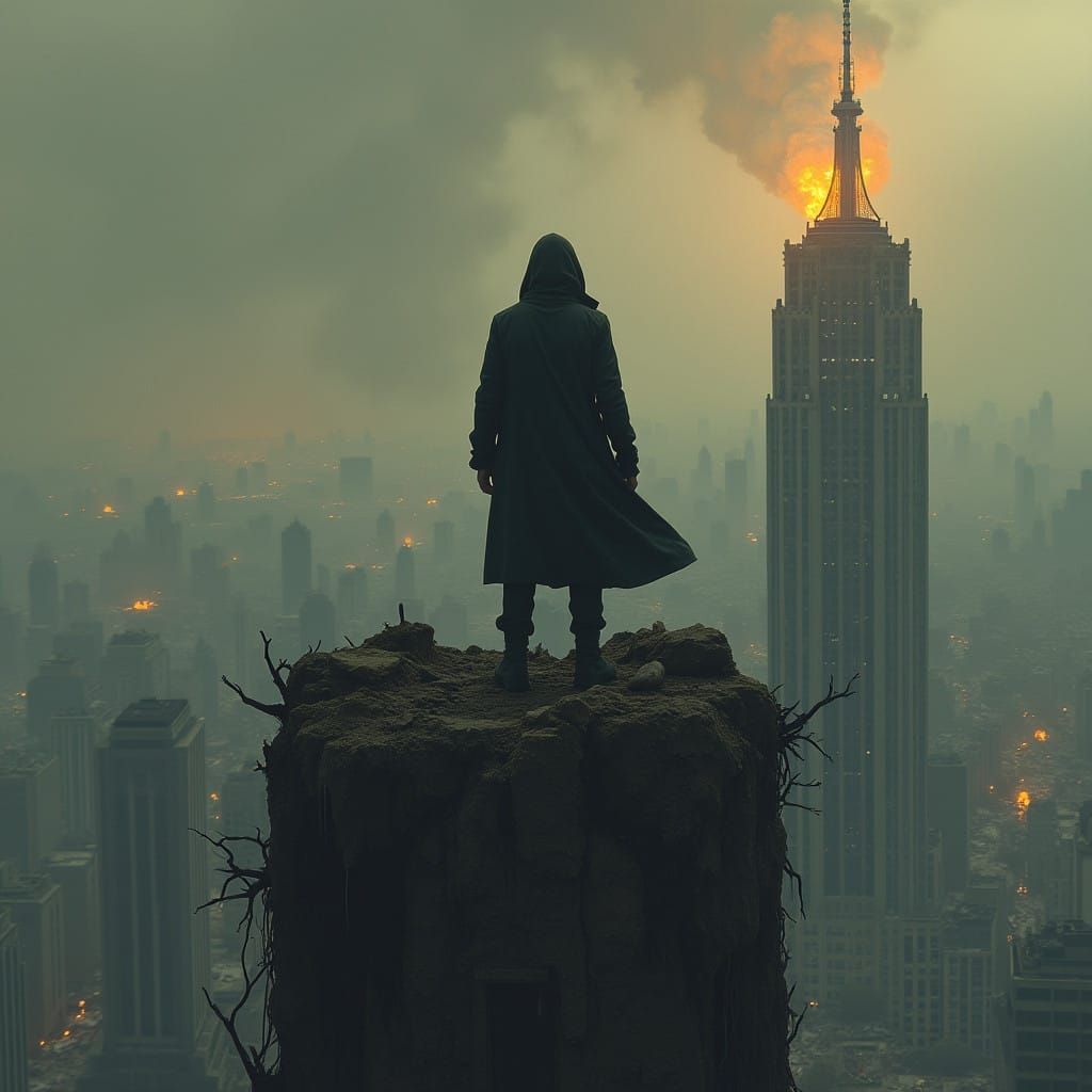 Dystopian Hero Emerges from Ruins in Gritty Sci-Fi Landscape