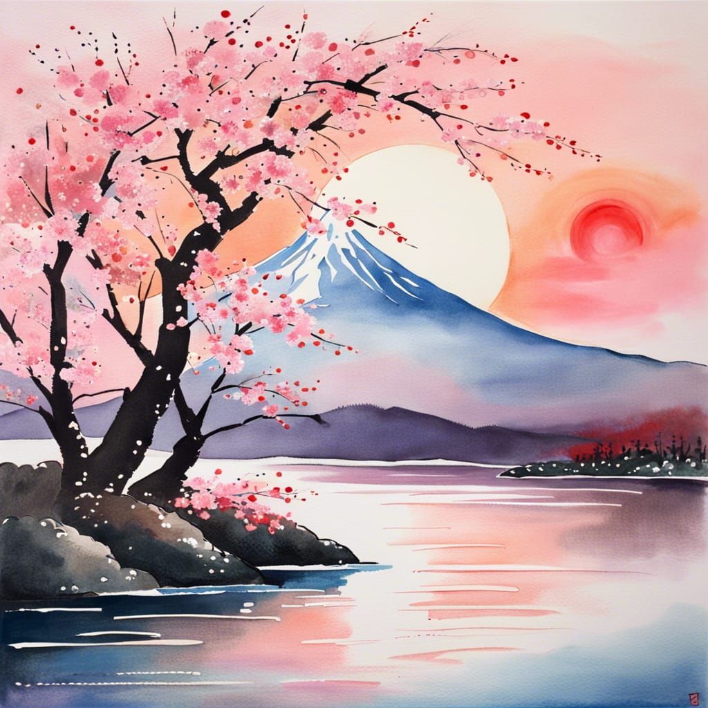 Mount Fuji and Cherry Blossoms in Impasto Gouache