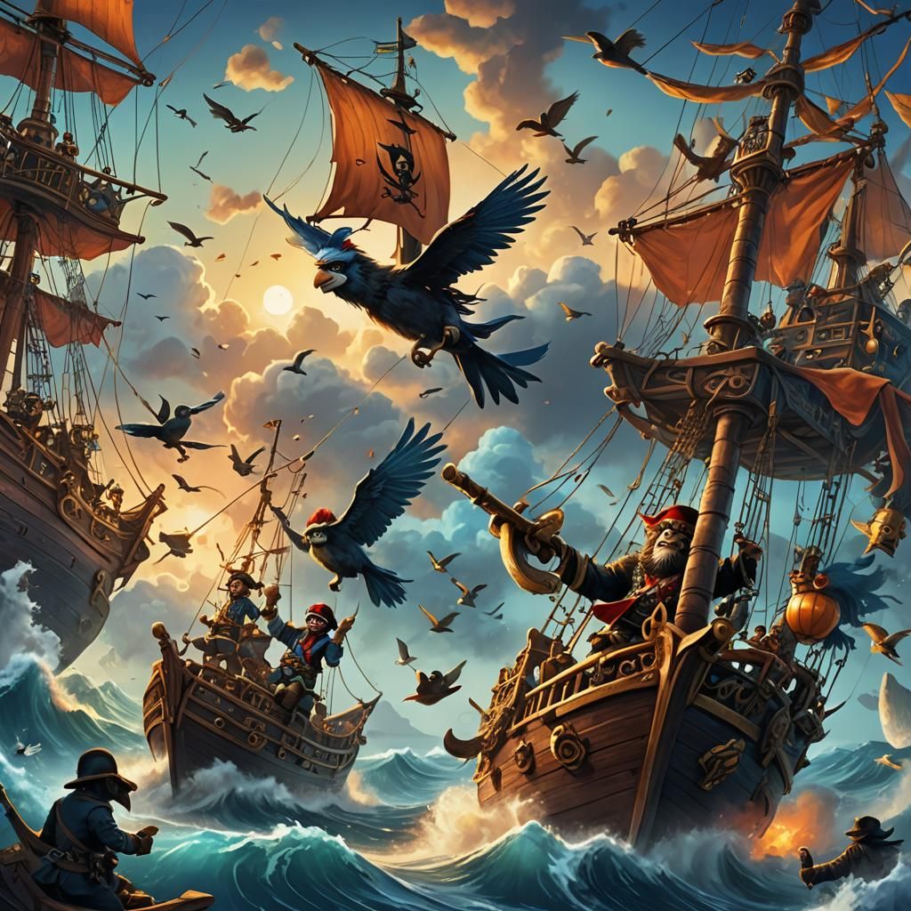 Pirate Monkey Swings on Ship in Fantasy Matte Painting