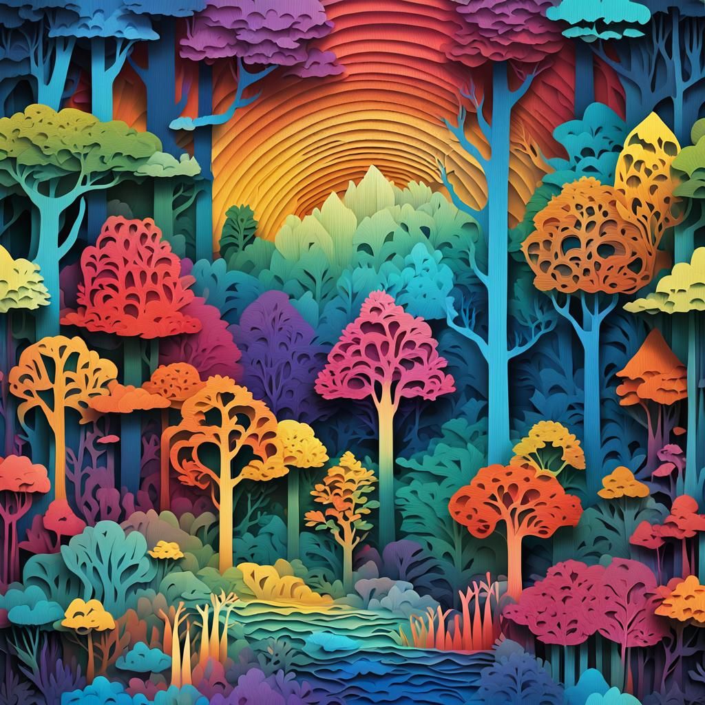 Surreal Rainbow Forest in Papercraft Style