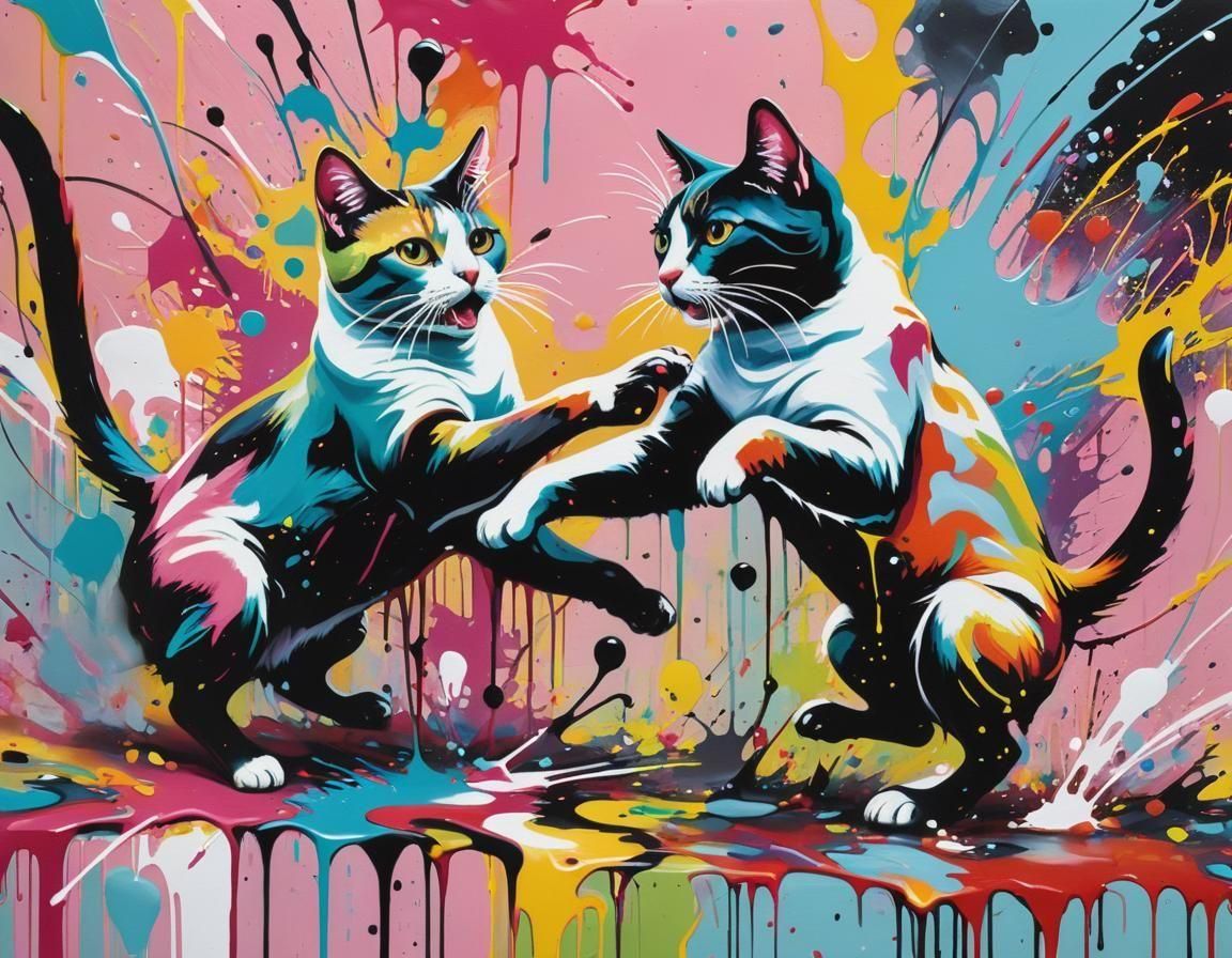 Cats in Action: A Colorful Drip Painting