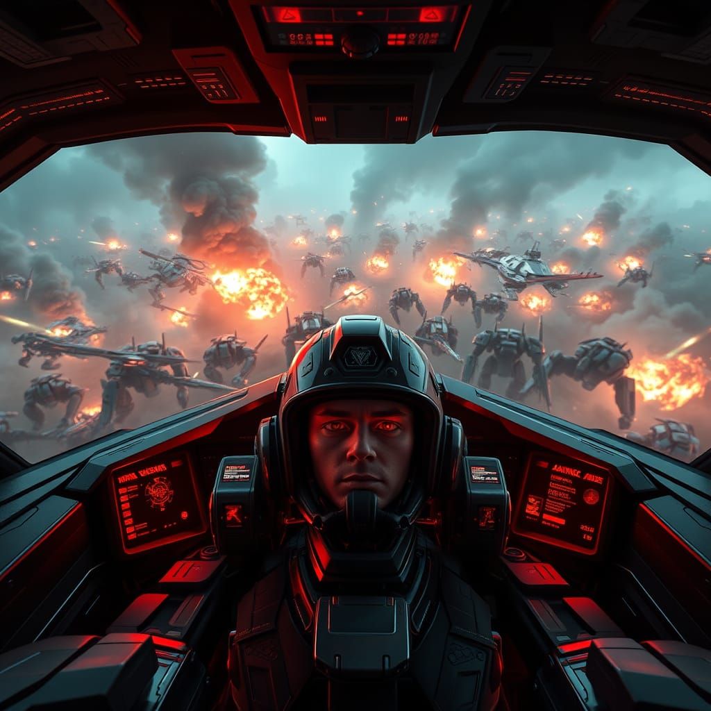 Futuristic Mech Cockpit View of Battlefield in Neon Glow