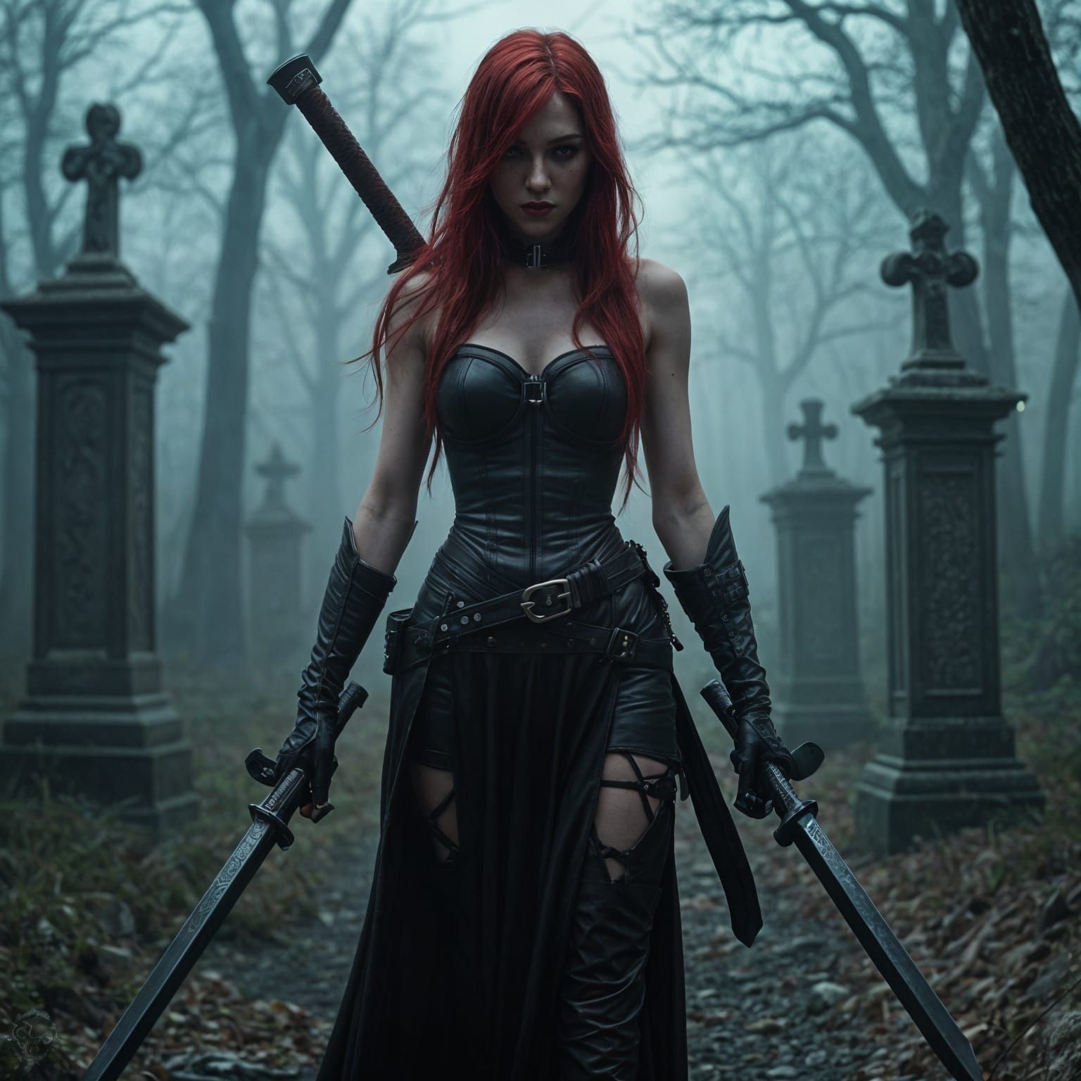 Female Dhampir Warrior in Gothic Graveyard