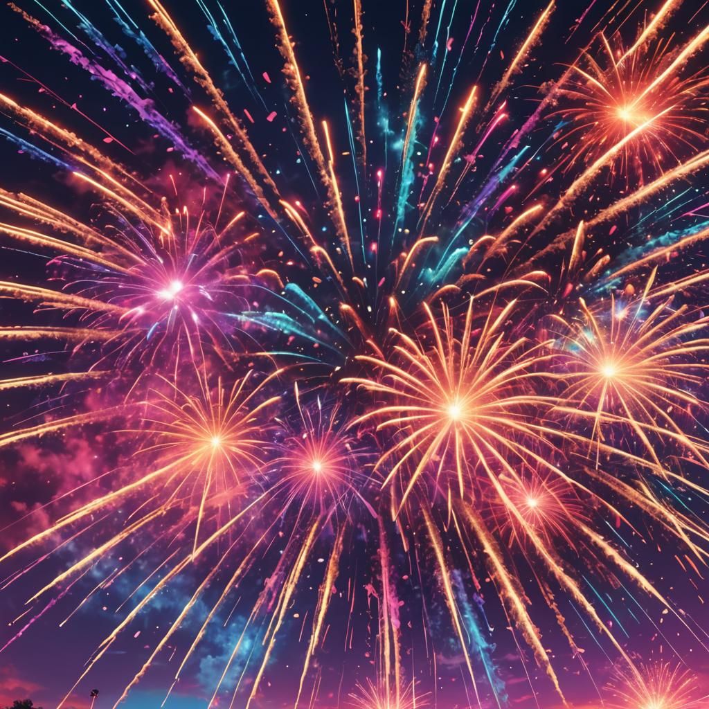 Colorful Fireworks Display in Retro Synthwave Style