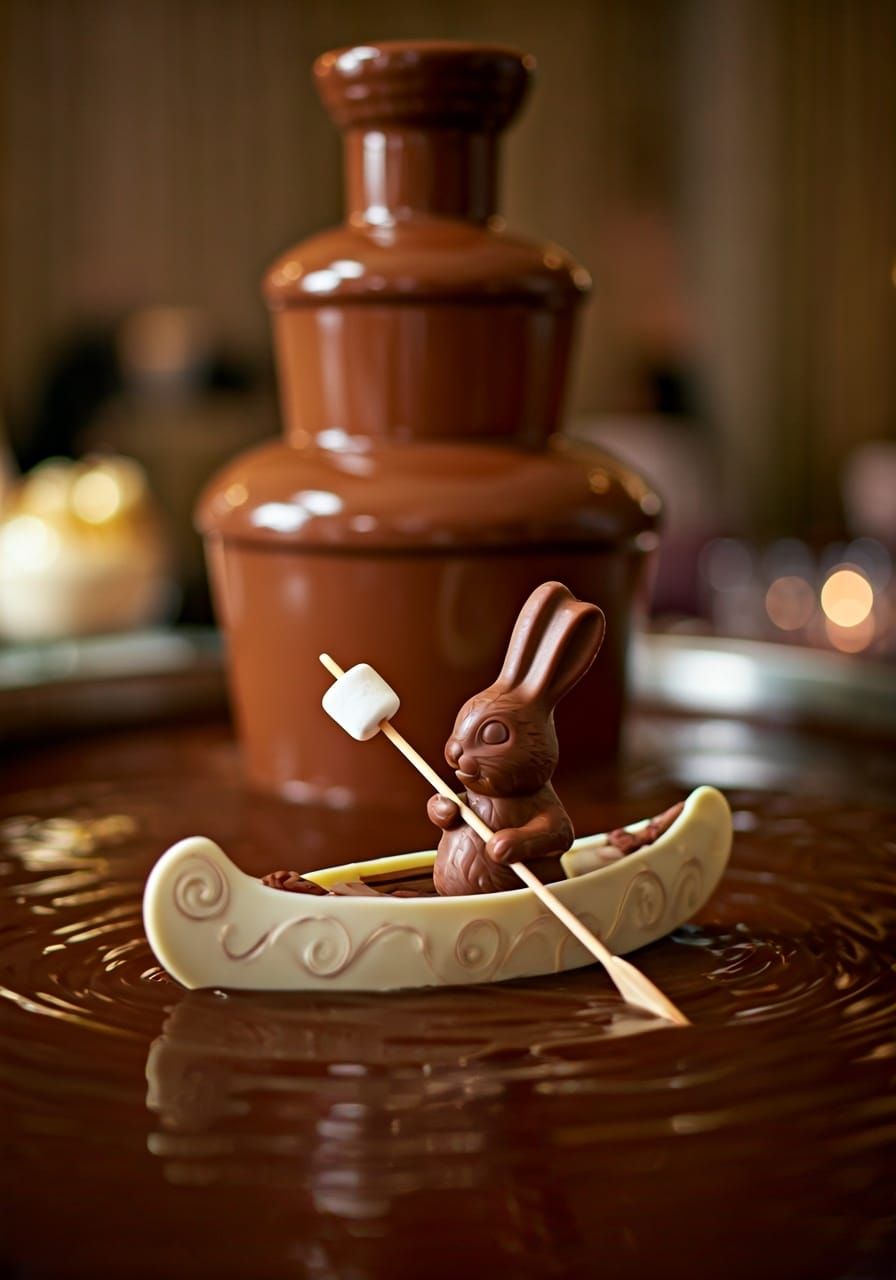 Chocolate Bunny Canoeing Down Chocolate Fountain