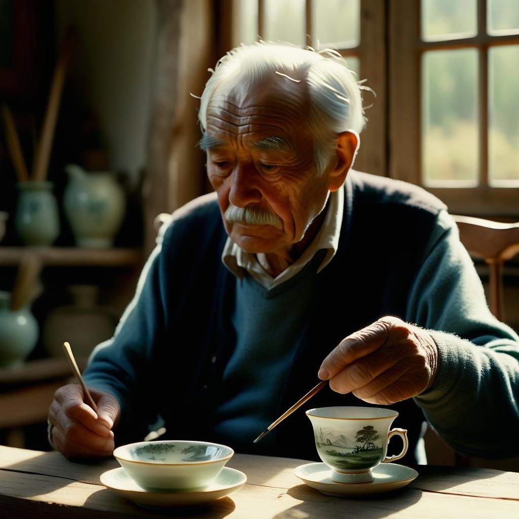 Craftsman Paints Landscape on Teacup in Film Still