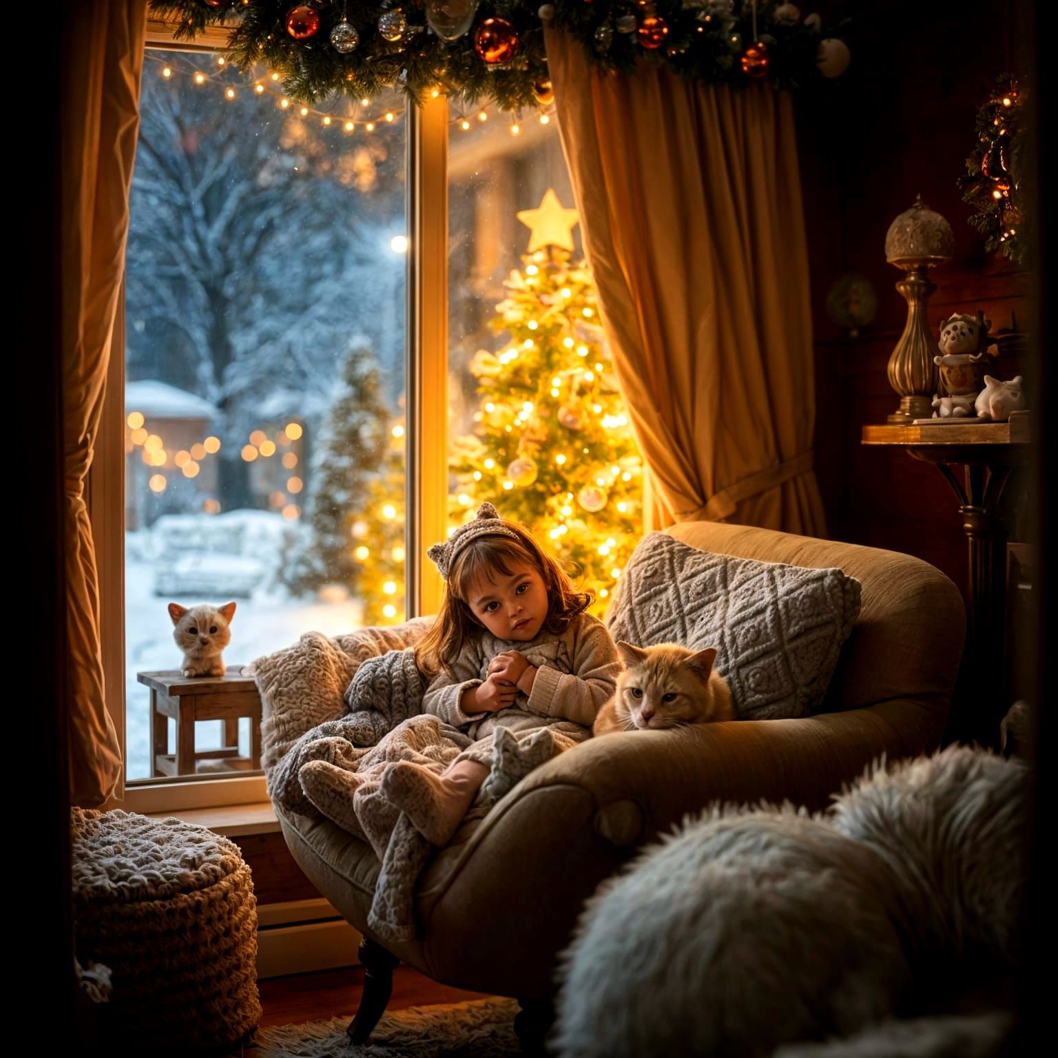 Cozy Christmas Eve Scene with Girl and Pet