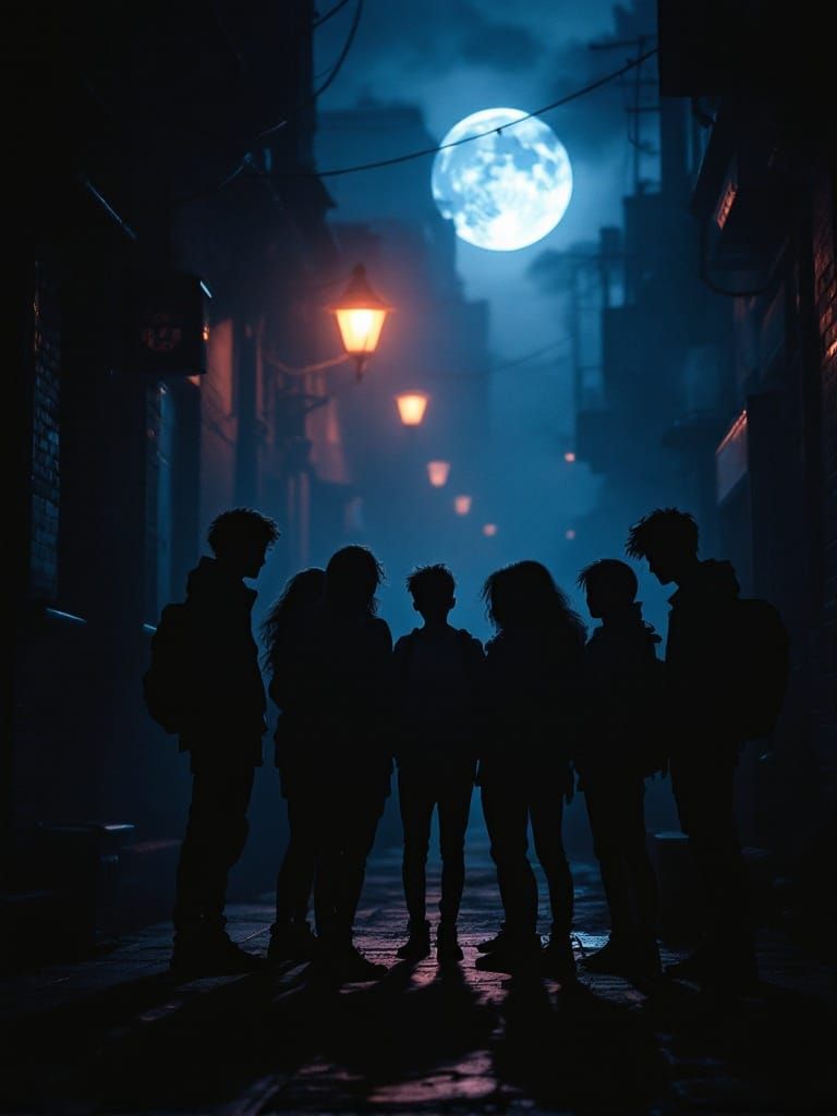 Mysterious Nighttime Gathering in a City Alleyway