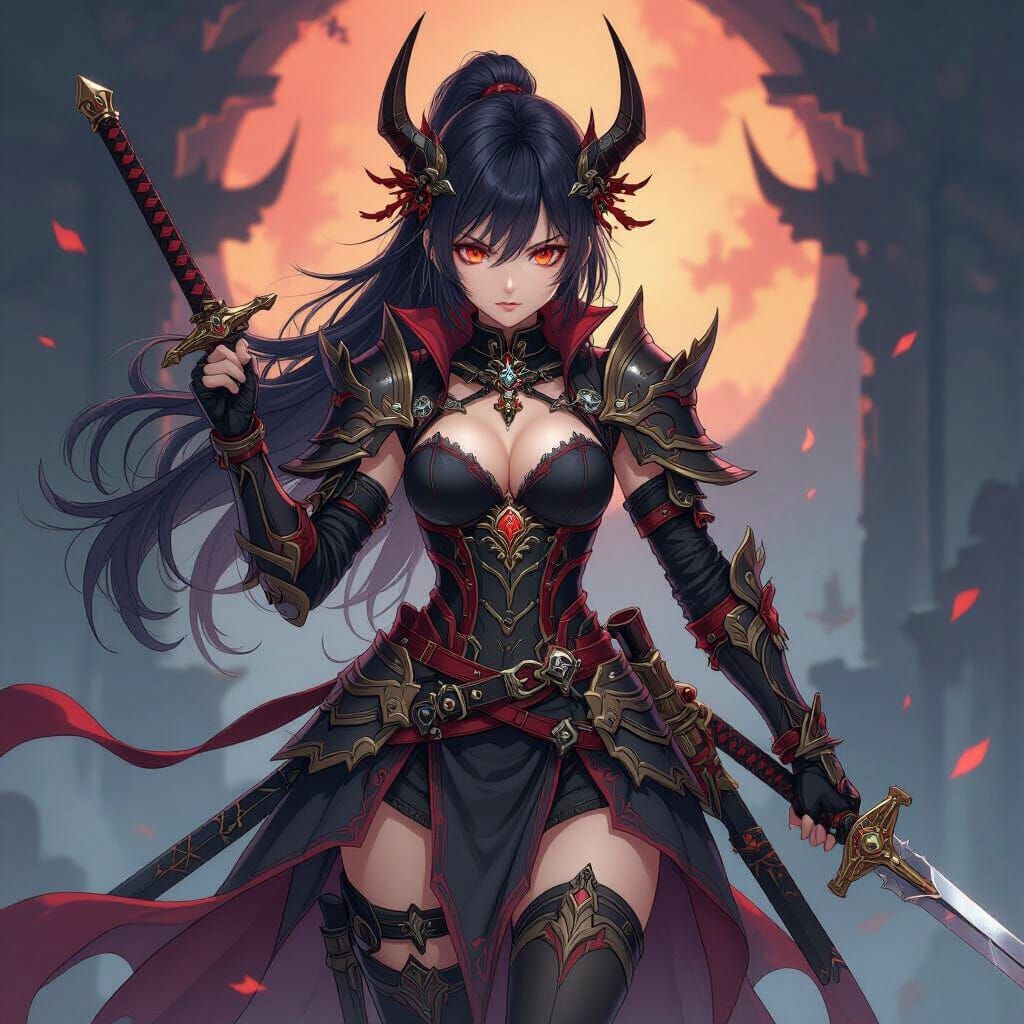 Anime Girl Wielding Swords in Dark Fantasy Style