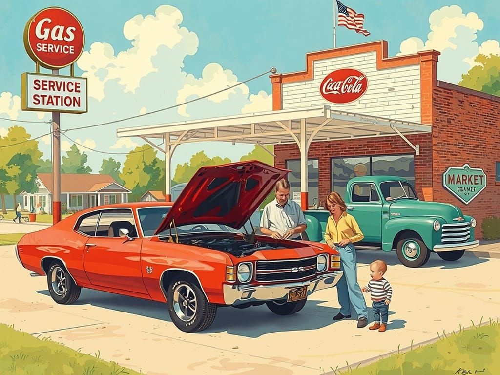 Nostalgic Muscle Car Scene in Watercolor Style