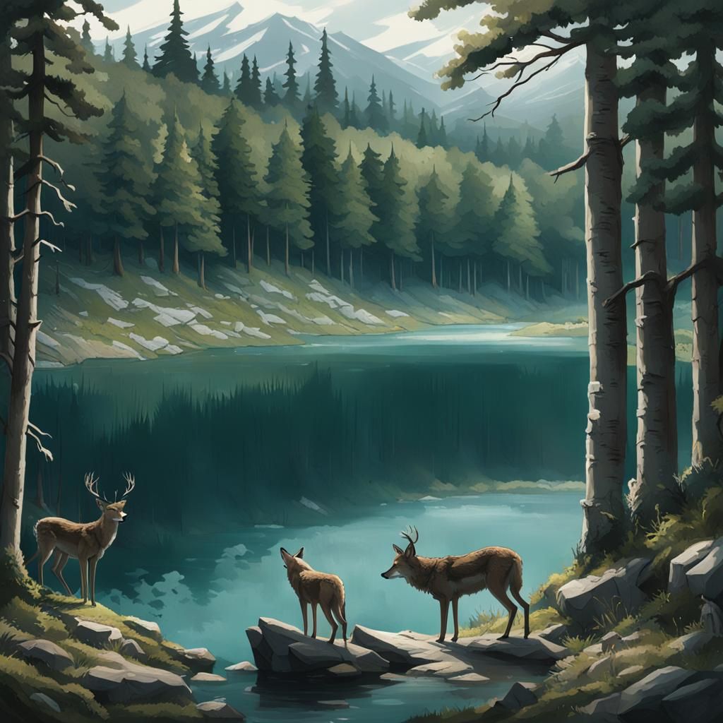 Deer at Lake, Wolves Mourning: Natural Photography