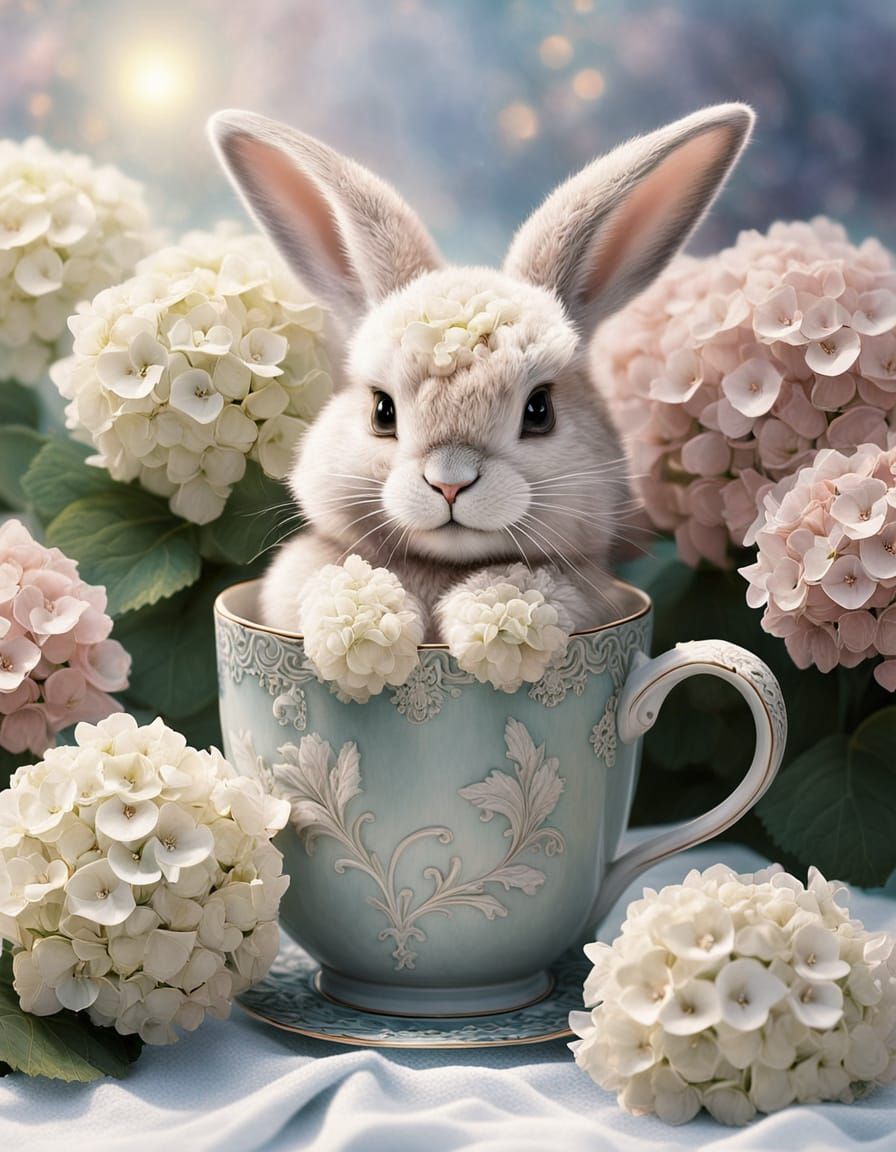 Cute Pixie Rabbit Sleeping in Hydrangea Mug
