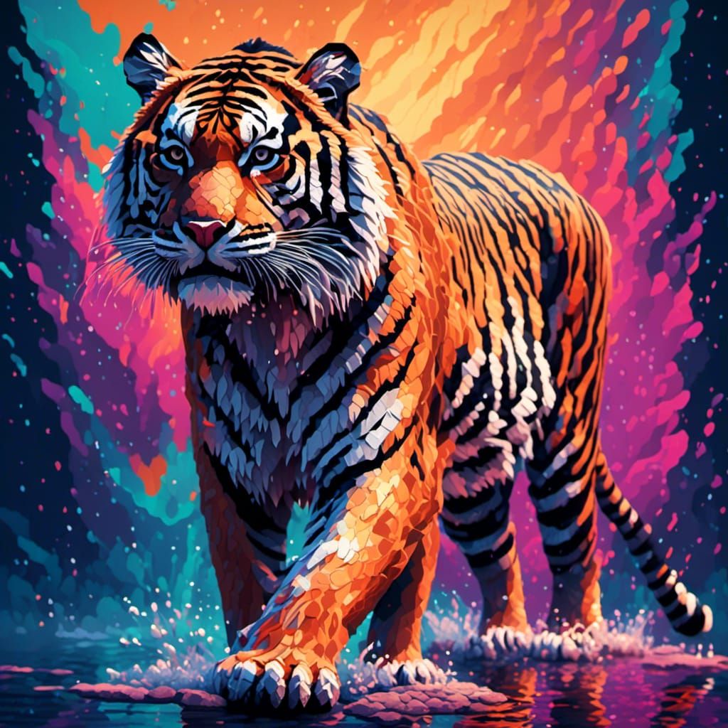 Vibrant Pixel Art Tiger with Dynamic Fur