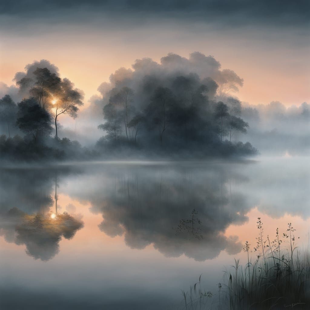 Misty Moonlit Lake in Romantic Impressionism Style