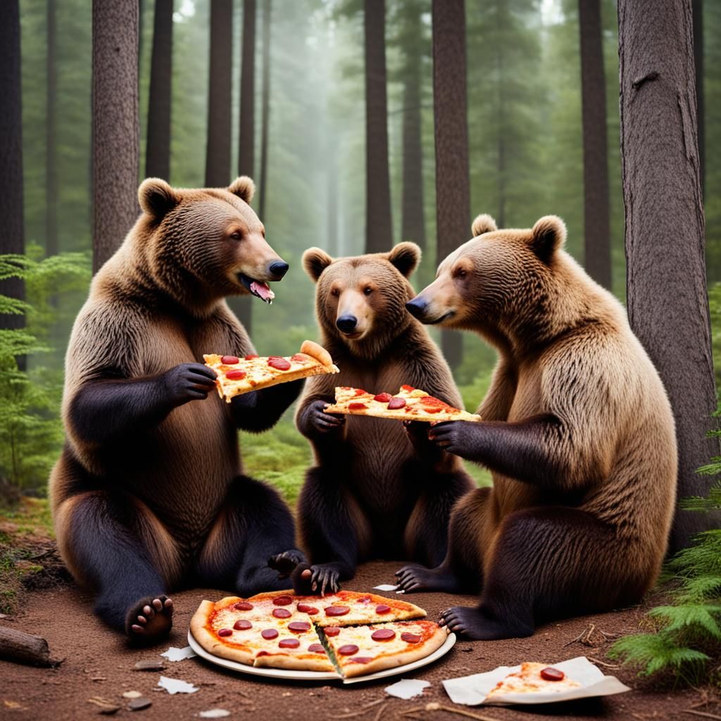 Bears Enjoying Pizza in the Woods