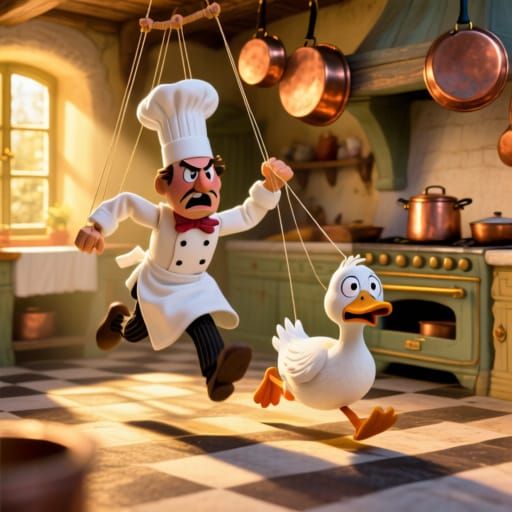 A passionate French chef marionette on strings, chasing a sc...