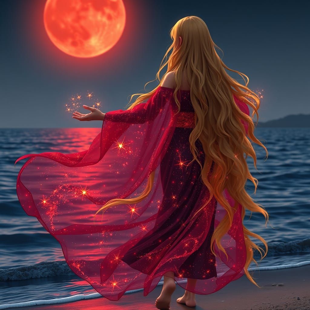 Ethereal Noble Lady Under the Red Moon