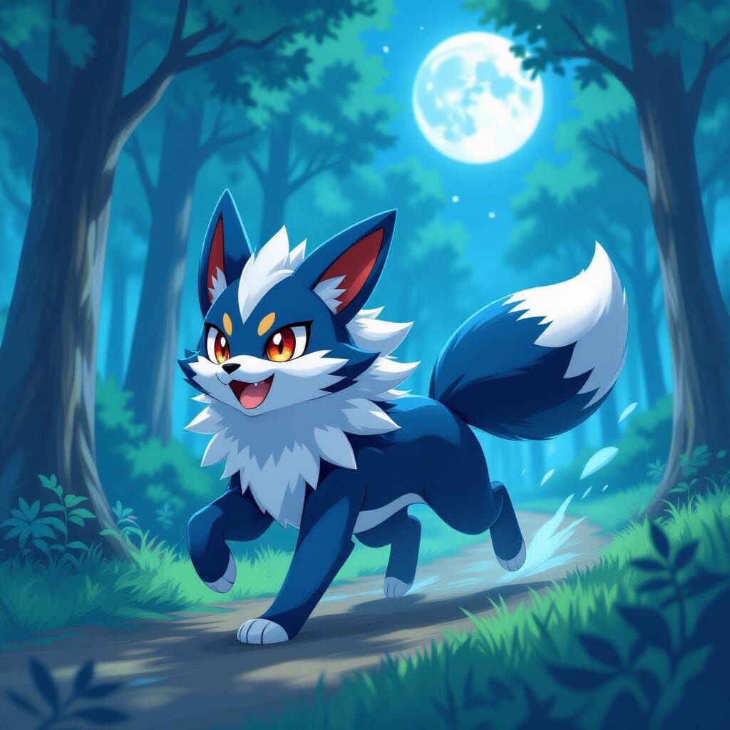 Mightyena Pokemon Running in Moonlit Forest