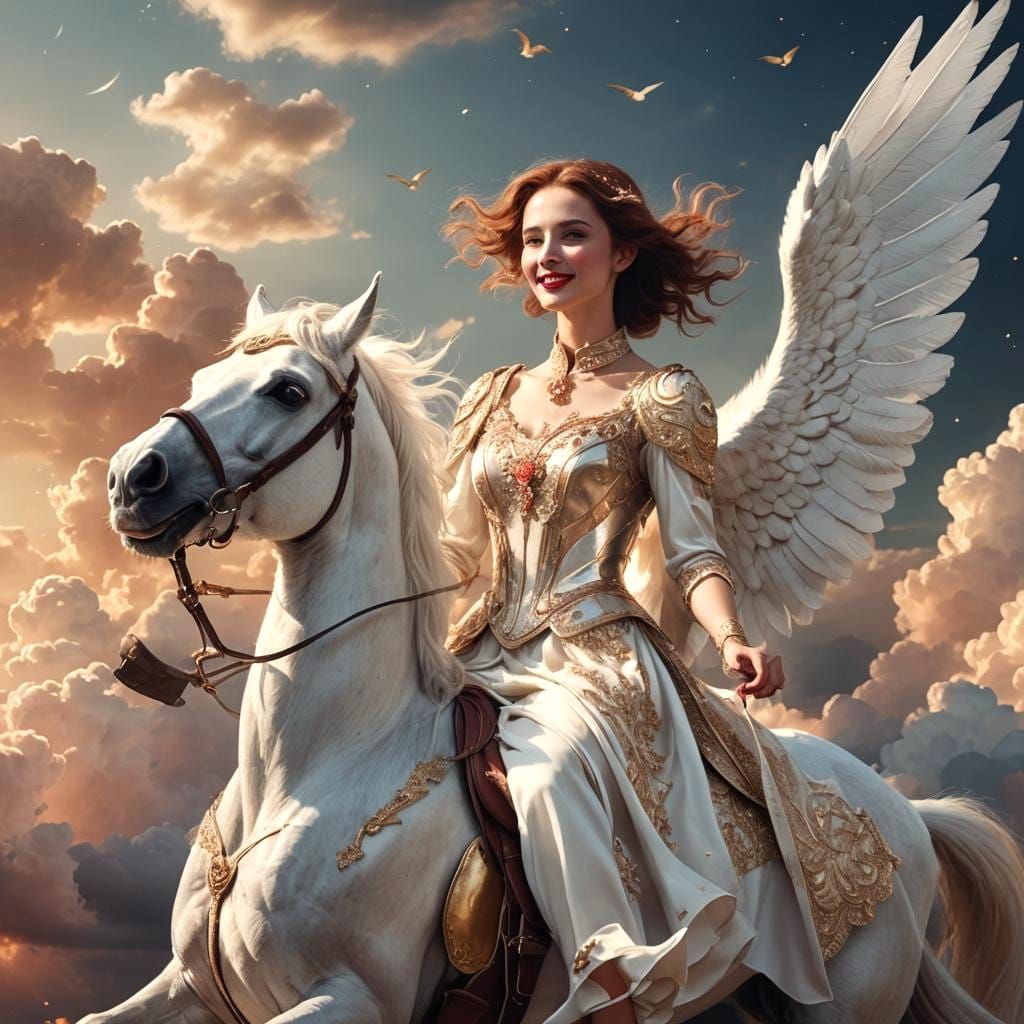 Woman on Winged Horse in Sky: Fantasy Concept Art