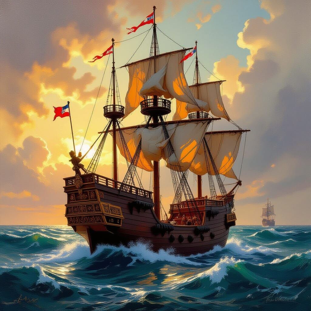 17th Century Spanish Galleon in Dramatic Oil Painting Style