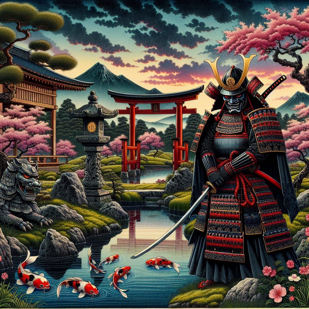 Ukiyo-e style, Samurai warrior in Japanese garden