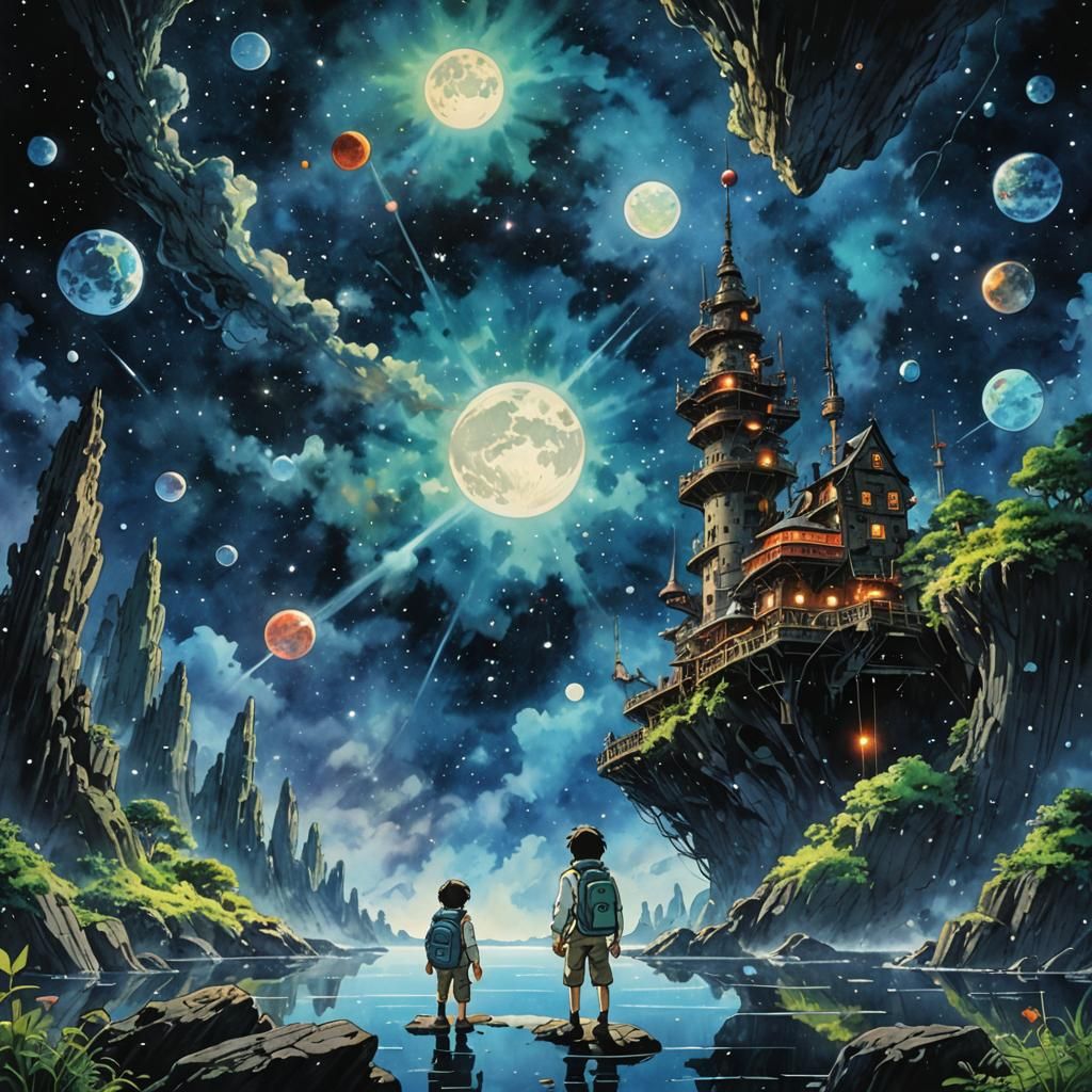 Studio Ghibli Style Space Adventure Watercolor