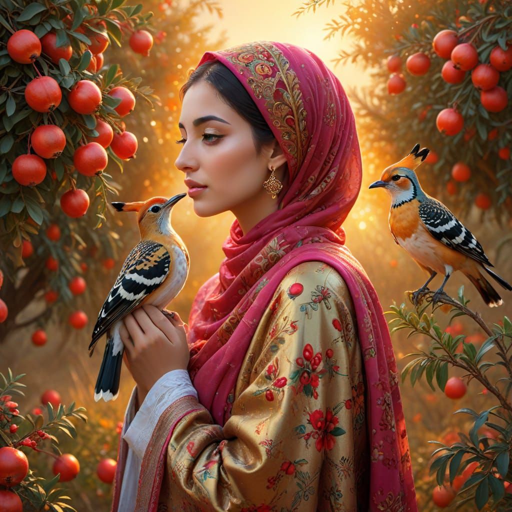 Enchanting Woman with Golden Bird in Dreamlike Art