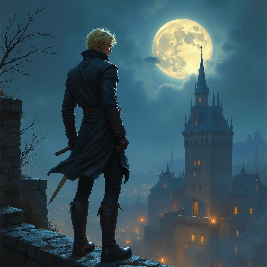 Charming Medieval Rogue Reigns Over Castle Town by Night
