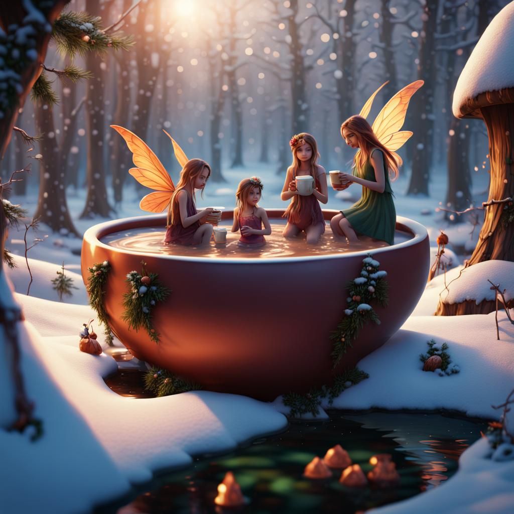 Fairies Soaking in Hot Chocolate, Magical Fairy Village
