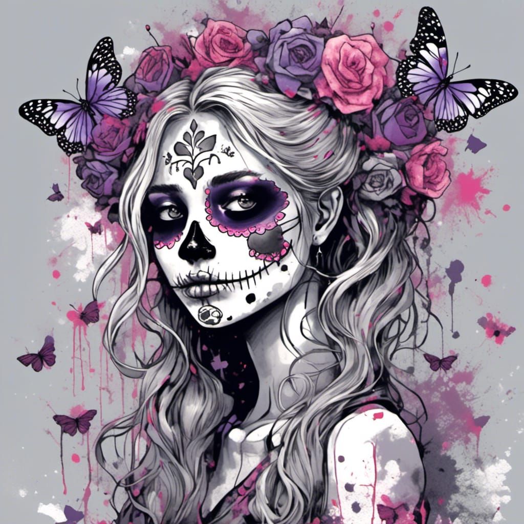 Zombie Girl with Sugar Skull Makeup Illustration