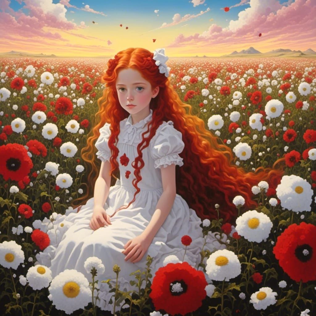 Anime Girl in Flower Field at Golden Hour