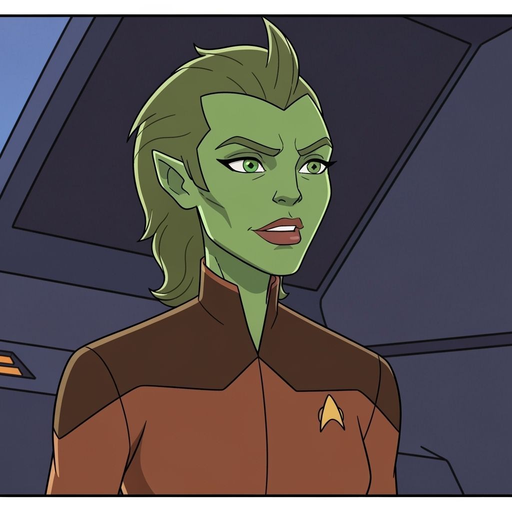 Star Trek Lower Decks, Tendi, cartoon, green Orion, short hair, female