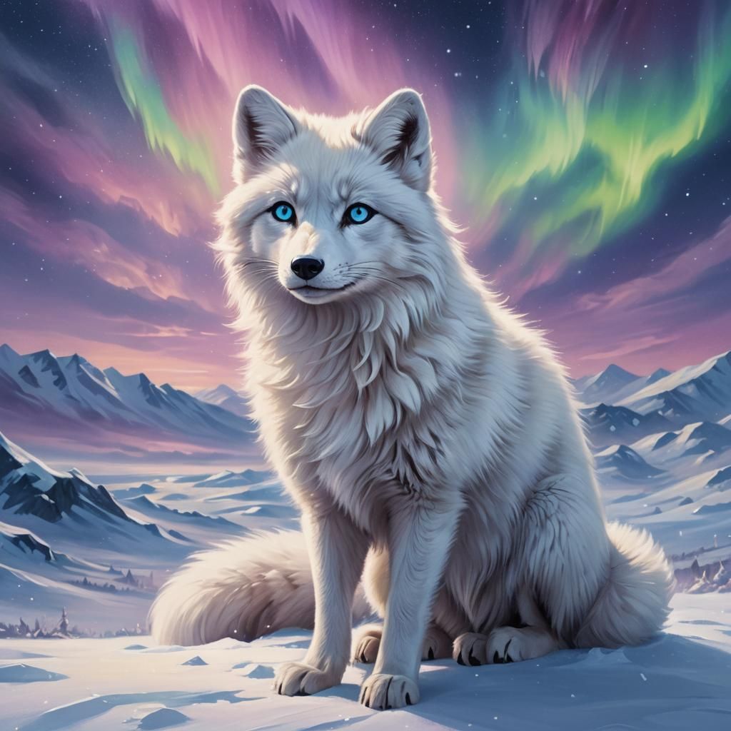 Arctic Fox Aurora on Snowy Tundra, Oil Painting