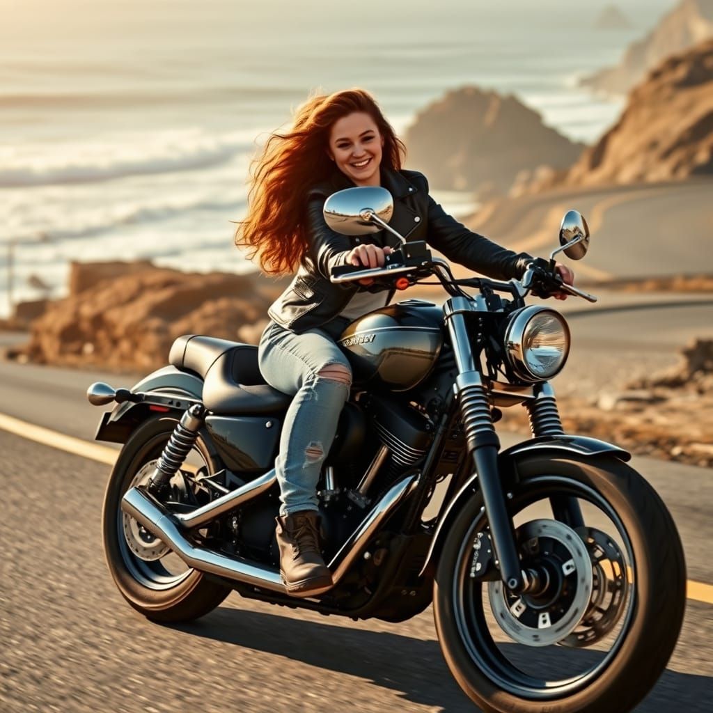 Young Woman Rides Harley Davidson Motorcycle Along Coastal H...