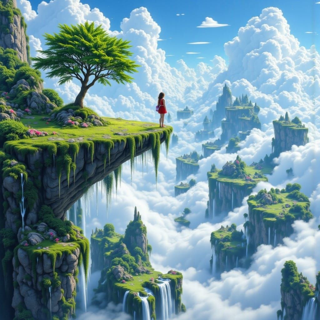 Floating Islands Vista in Arthur Rackham Style