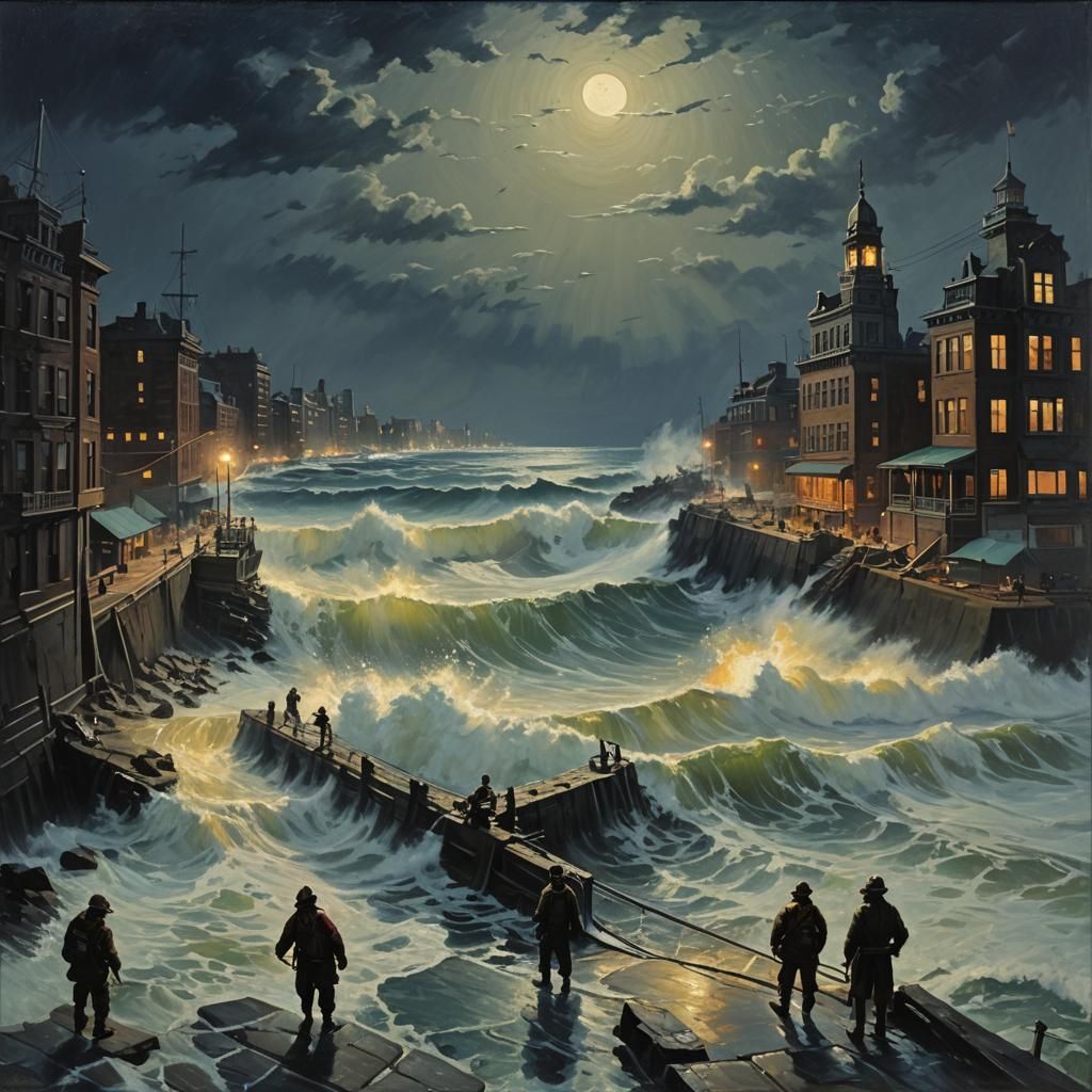 Tsunami Over New York in Moonlight, Gurney Style
