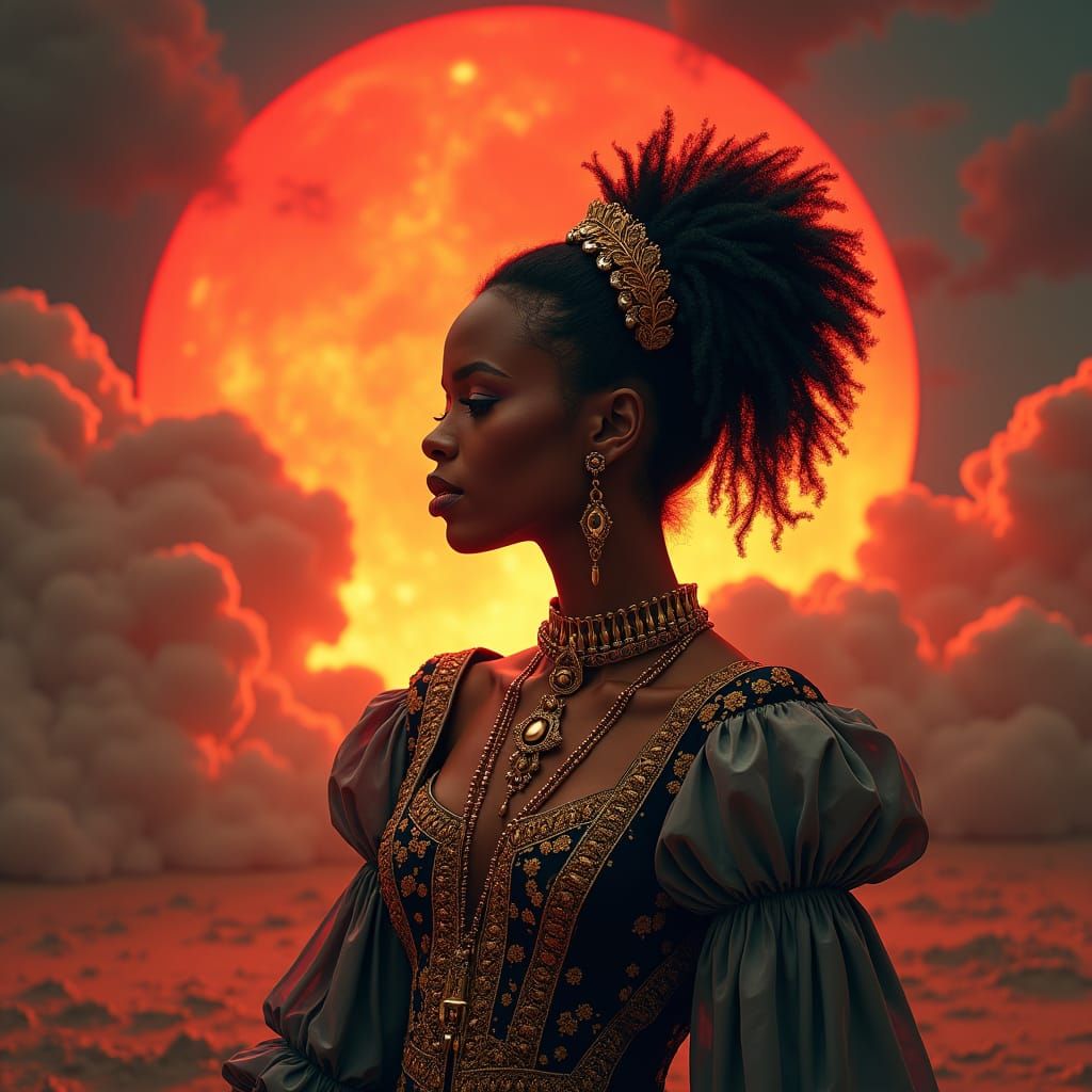 Renaissance Woman with Scarlet Moon, Fantasy Art