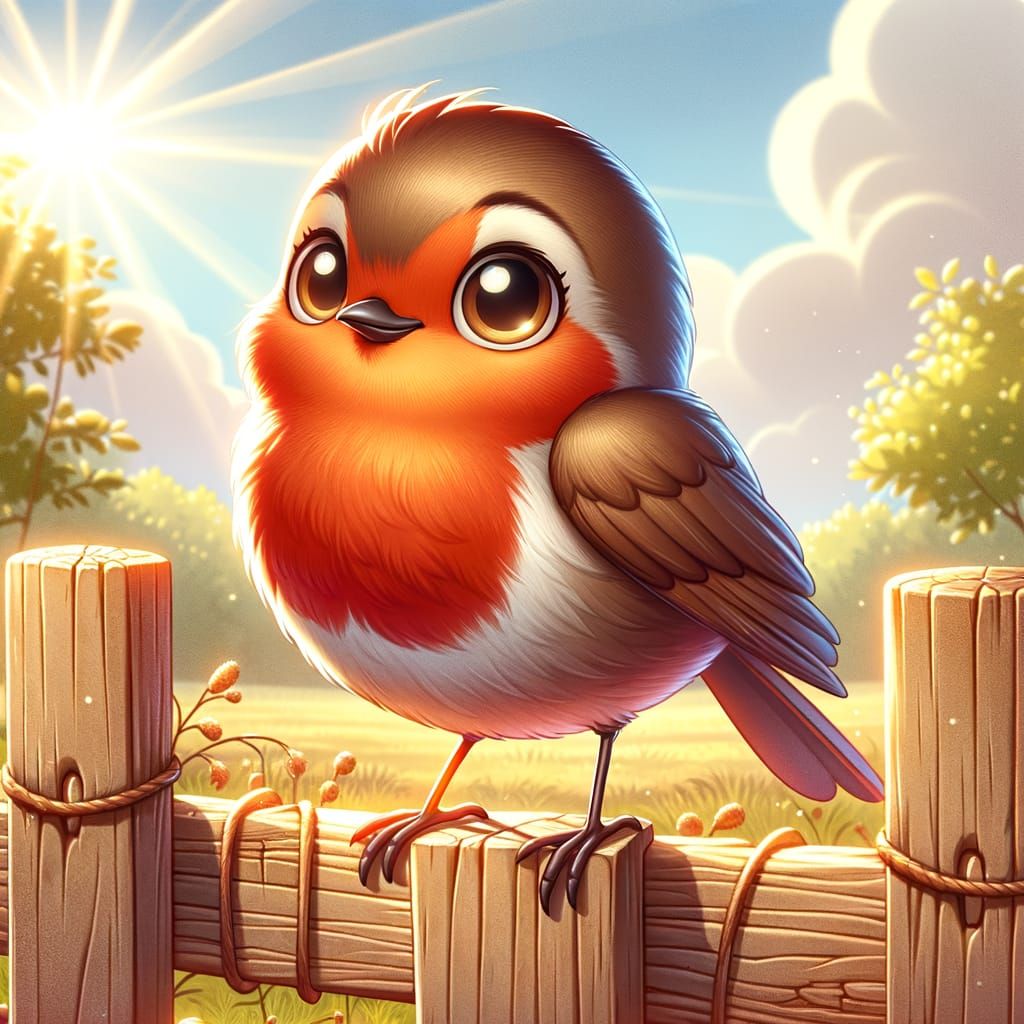 Charming Cartoon Robin on Wooden Fence in Sunny Countryside